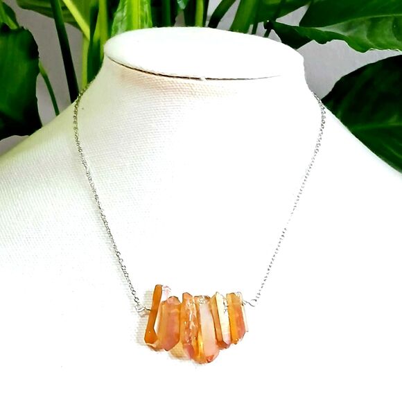 Dyed Orange Aura Quartz Crystal Point Necklace, Stainless Boho Statement 18" - Picture 1 of 7
